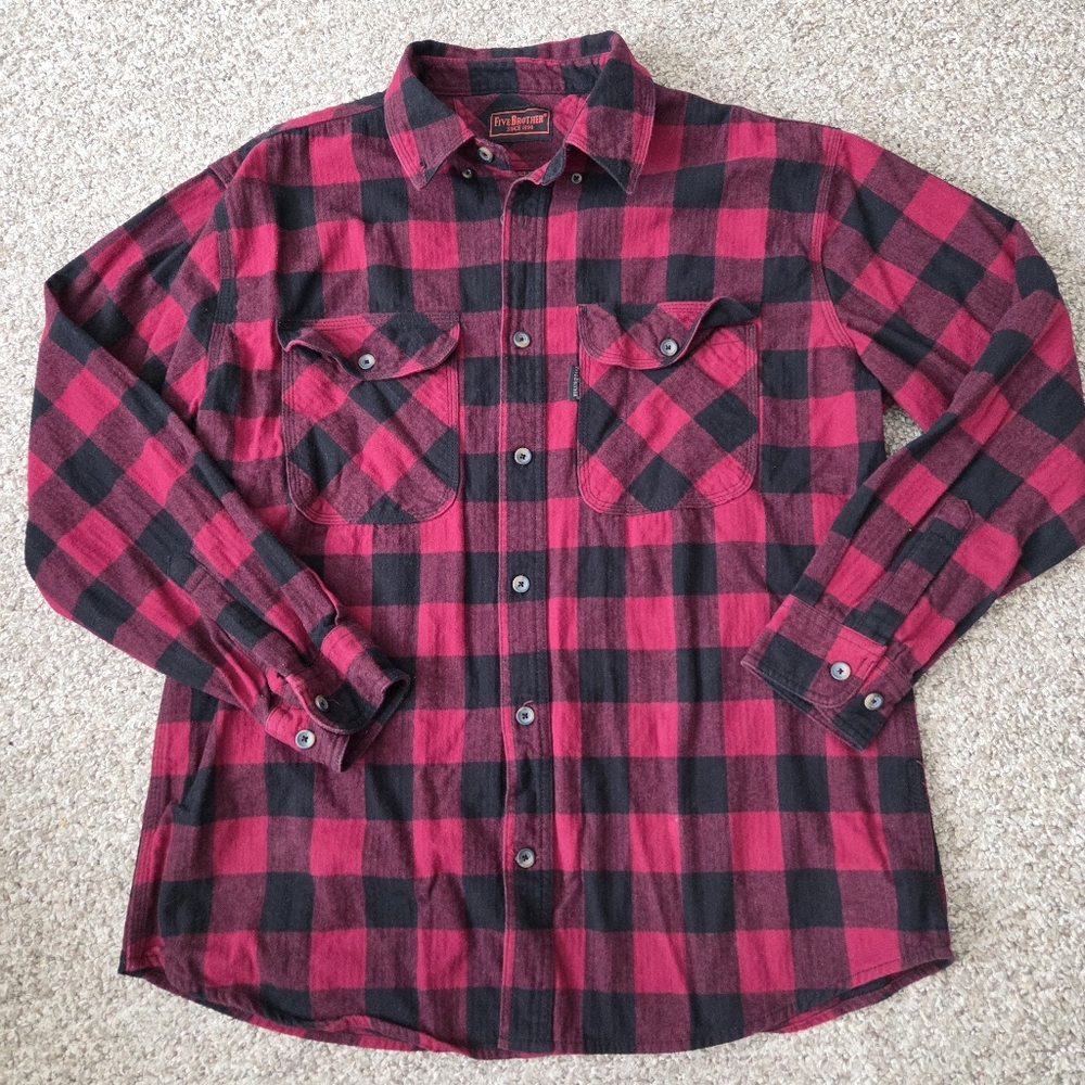 Five Brother Flannel‎ Shirt Mens XL Heavyweight Red Black Plaid Long Sleeve